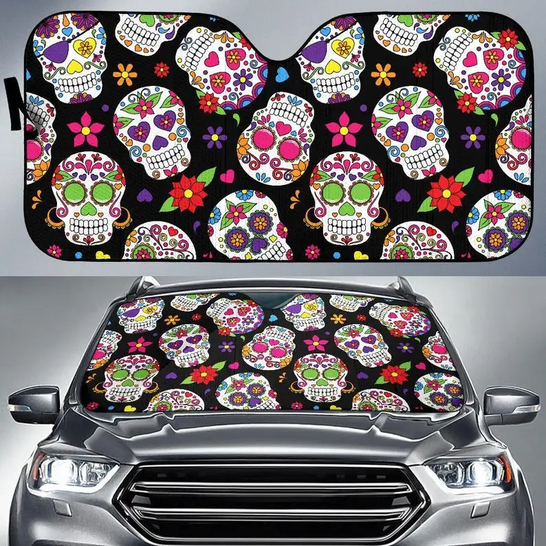 

Colorful Sugar Skulls Car Windshield Sun Shade, Visor, Car Accessory, Dark, Skulls, Roses