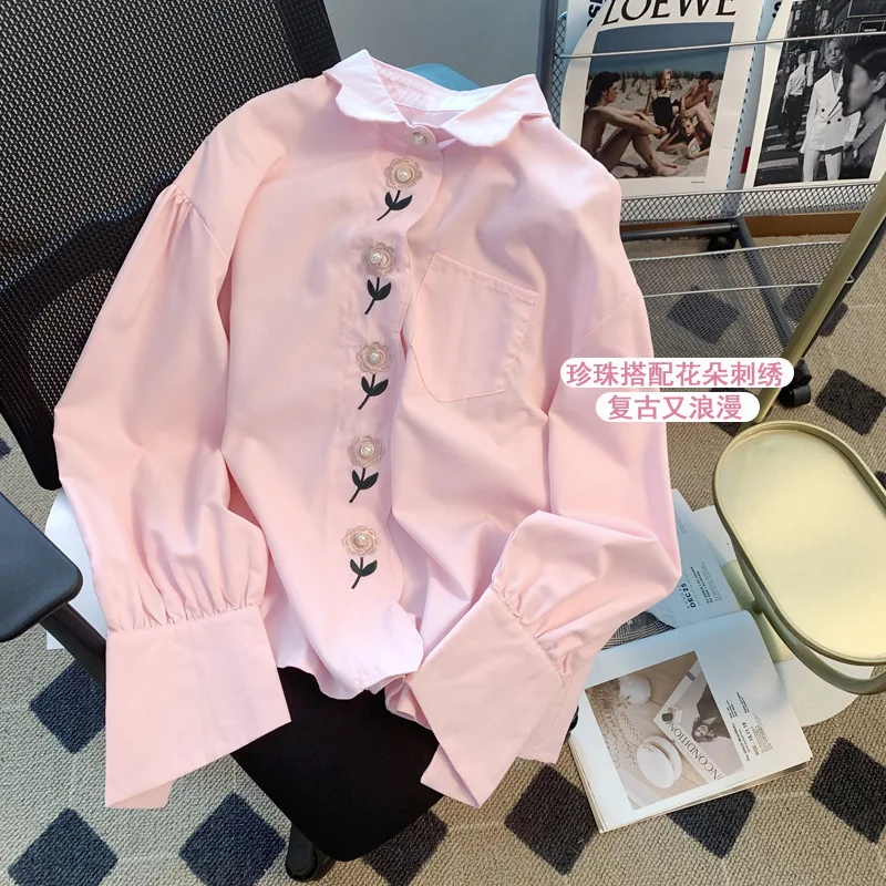 

2023 Pink Blouses Women Button Up Shirts Elegant Embroidery Floral Loose Long Sleeve Cotton Casual Spring Sweet Chic Tops Shirt
