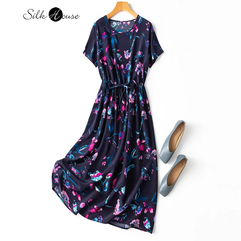 

2023 Women's Summer Dress Mulberry Silk Ink Print Round Neck Short Sleeve Waist Wrapped Silk Crepe De Chine Navy Long Skirt