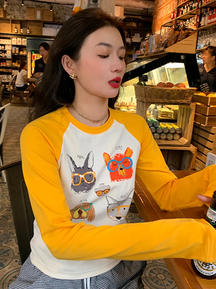 Рубашка с длинным рукавом реглан контрастного цвета Женская облегающая короткая