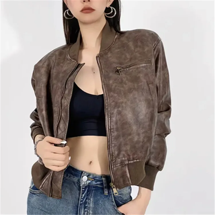 

Loose Women's Leather Coat 2023 Autumn/winter New Vintage Do Old Wipe Color Wash Flight Jacket