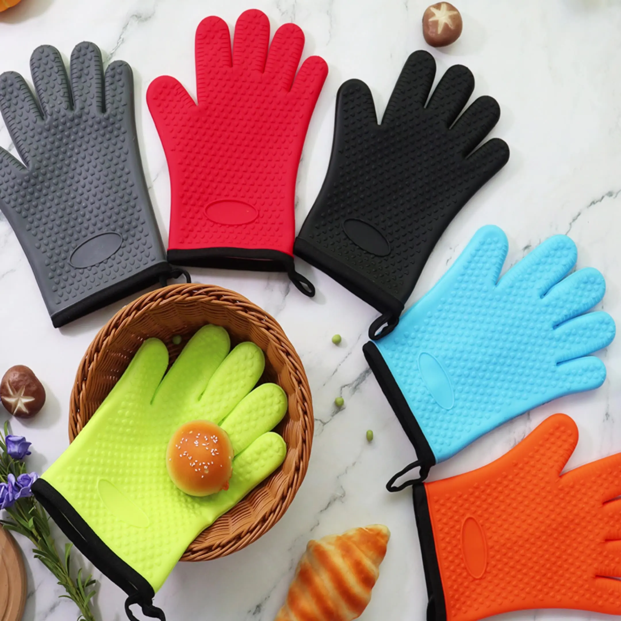 

Short Heat Insulated Silicone BBQ Five-finger Gloves Kitchen Baking Heat Resistant Cotton Thick Anti-slip Microwave Oven Gloves