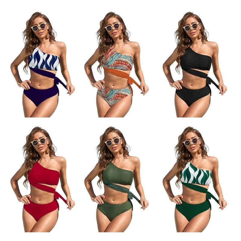 

2 шт., женский купальный костюм на одно плечо, с высокой талией