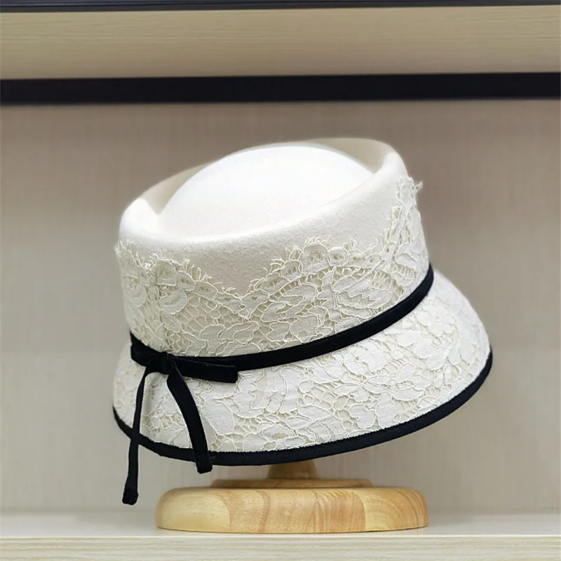 

202208-2508373-japan winter wool felt grace lace flower elegant velvet bow tie lady bucket cap women leisure hat