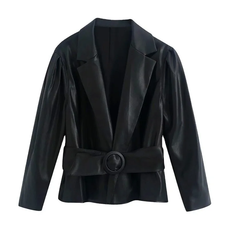 British Style Pu Leather Black Blazer Suit with Belt Women Commute Casual Short Blazers Autumn Winter Fashion Faux Leather Coats