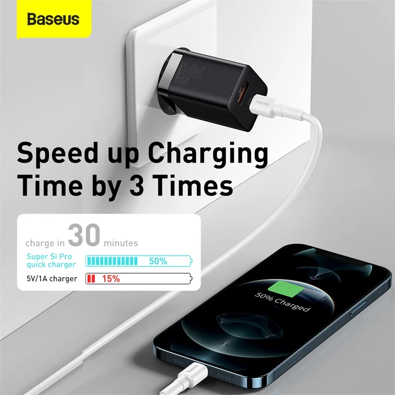 Фото Baseus 30 Вт USB C зарядное устройство супер Si Тип C мобильный телефон зарядное устройство PD QC3.0 Быстрая зарядка для IPhone 14 13 12 Pro Max Xiaomi Samsung №3