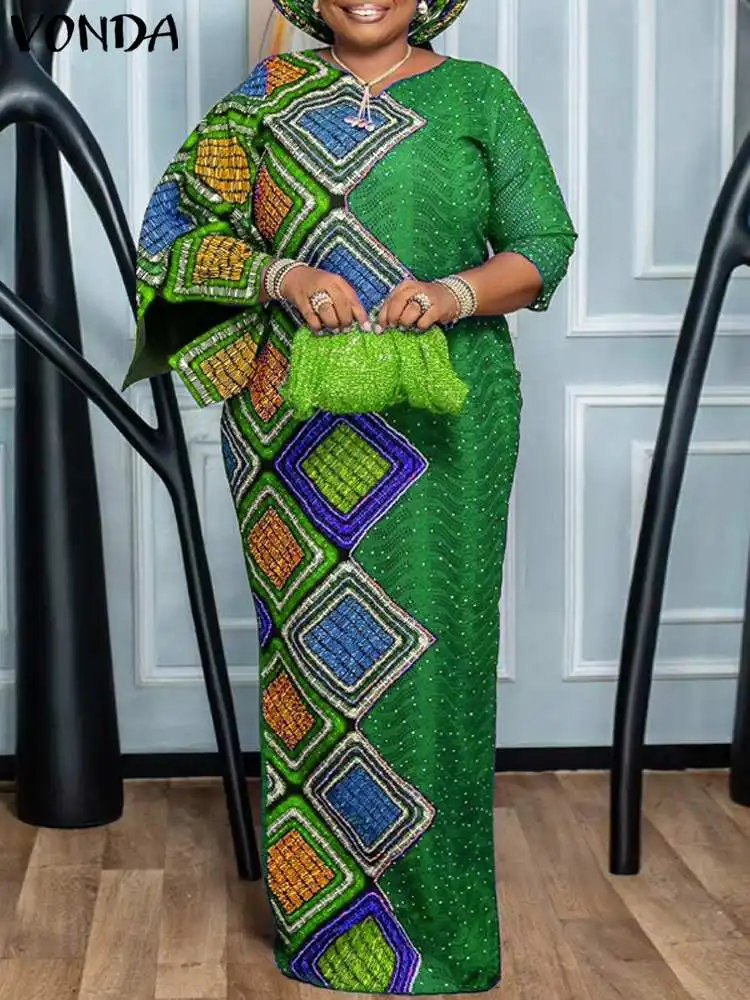 Женское длинное платье-макси с принтом V-образным вырезом и Расклешенным рукавом