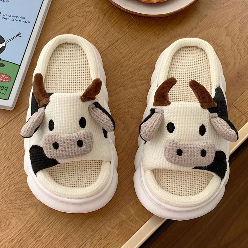 2023 Kawaii Slippers Cute Milk Cow Linen Slippers Women Platform Indoor Home Hemp Flip Flops Summer Thick Bottom Pillow Shoes