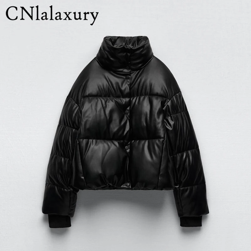 CNlalaxury Women Winter Black Casual Warm Short Outerwear Long Sleeve Faux Leather Jacket 2023Pocket Stand Collar Cotton Jackets