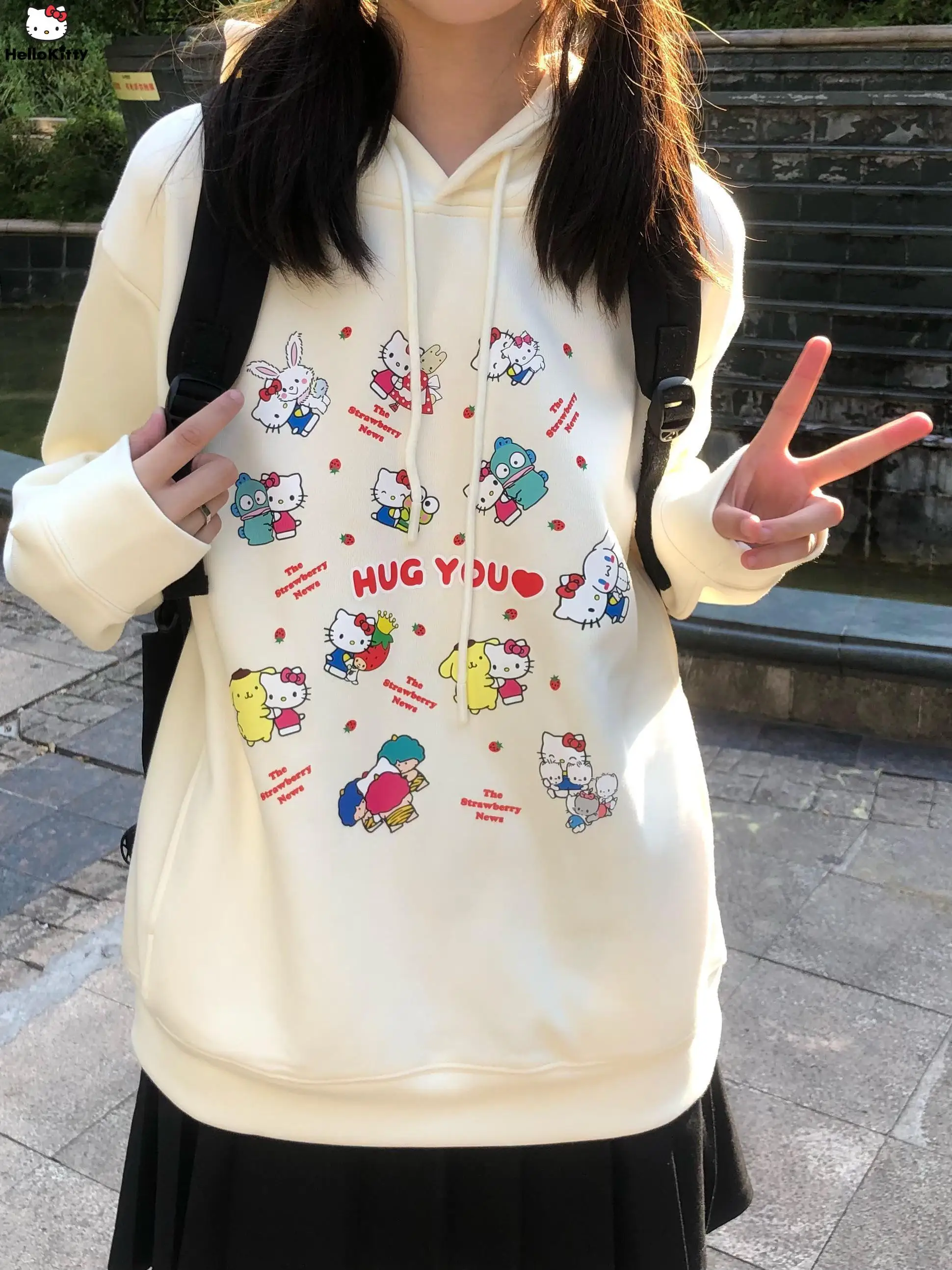 Sanrio-Sudadera con capucha con estampado de Hello Kitty para mujer, suéter de dibujos animados de estilo universitario coreano, abrigo de felpa para estudiantes, suelto y dulce, Y2k