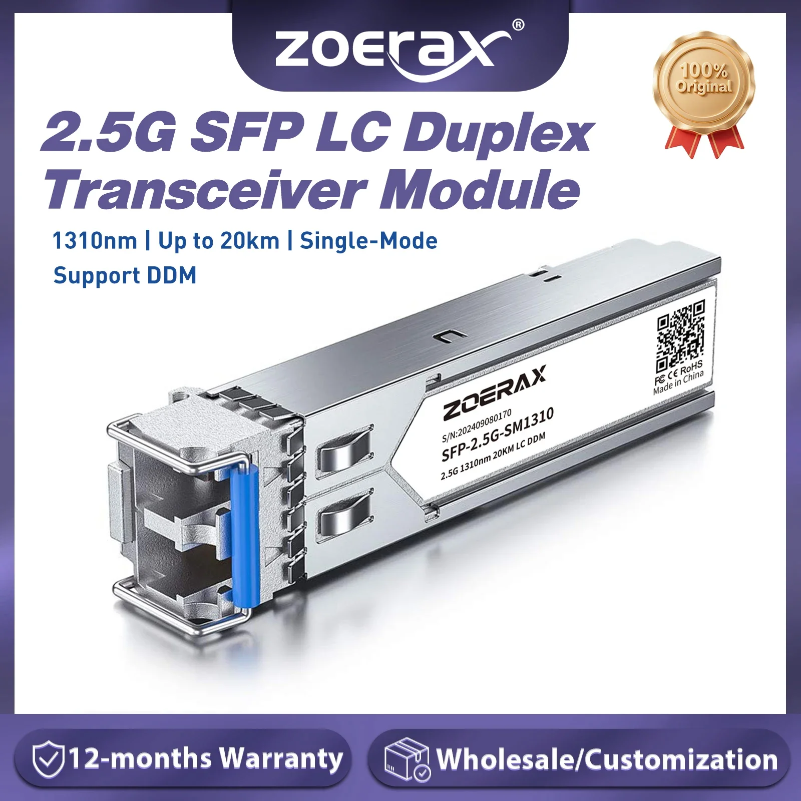 Фото Модуль трансивера ZoeRax 2.5G SFP, одномодовый, LC Duplex, 1310 нм, до 20 км, с поддержкой DDM, широко совместим с Cisco, TP-Link №1