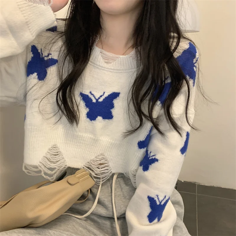 

Женский вязаный свитер в Корейском стиле, милые укороченные топы в стиле Харадзюку с бабочками, повседневный свободный джемпер, новинка 2023, ...
