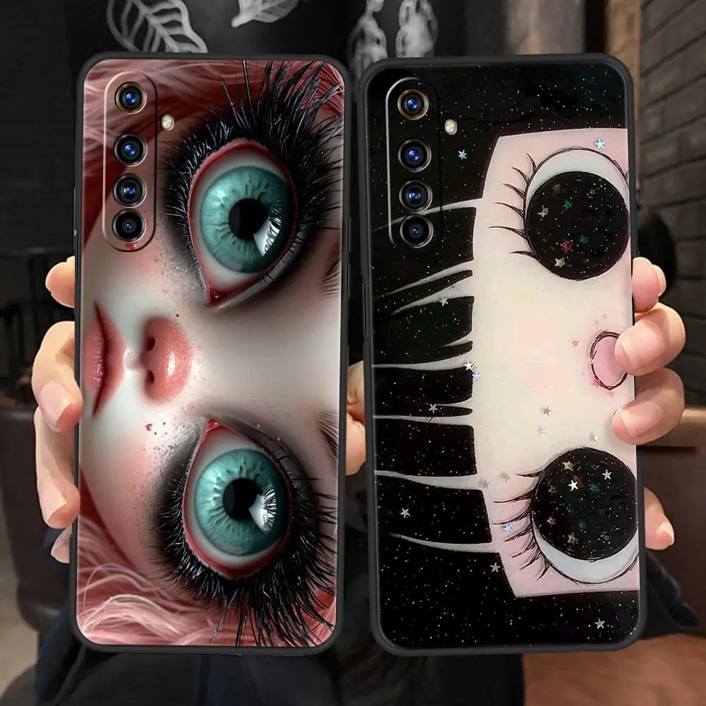 Фото Мягкий чехол из ТПУ для Realme C67 C63 C55 C53 C25 C21 10 11 12 13 GT 2 3 5 Pro Plus 5G, противоударный чехол для телефона, милый черный чехол с большими глазами №2