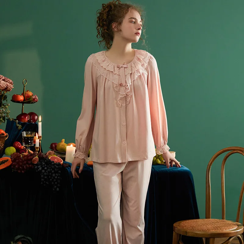 Новинка, винтажные хлопковые кружевные пижамные комплекты для женщин, весна-осень, деликатная Милая одежда для сна, костюмы, удобная домашняя одежда