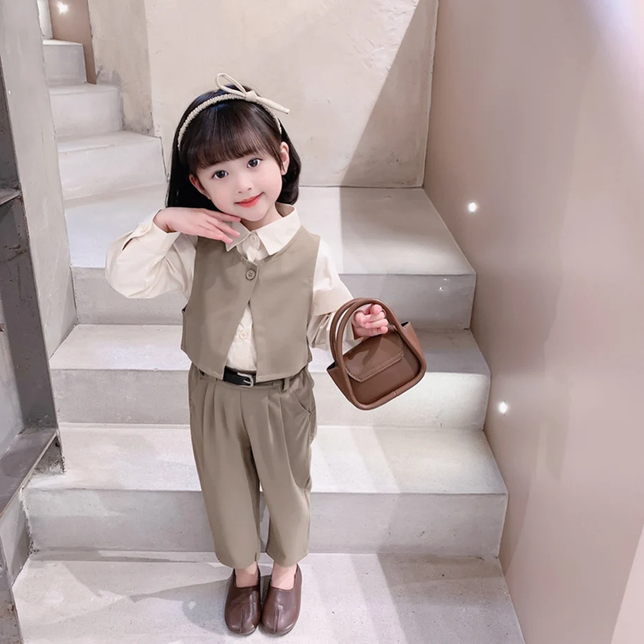 

baby Clothes suit Vest+Blouse+Pant+belt 4pcs kids girls Clothes set Spring Autumn Toddler Childrens Clothing
