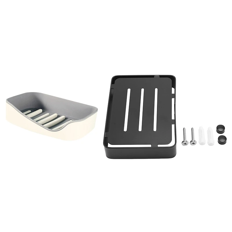 

2Pcs Soap Holder Bathroom Shampoo Basket Shelf Wall Mounted Soap Dish Rack Bathroom Shelf Soap Box, Black & Gray