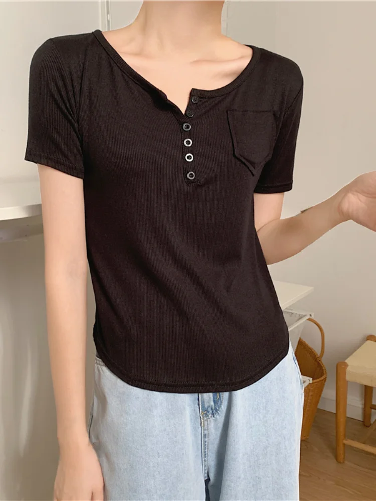 

Casual Black Crop Tops Woan Fashion Suer Pure Color Short Sleeve T-Shirts Ladies Sexy V-neck Sli Blouse Design