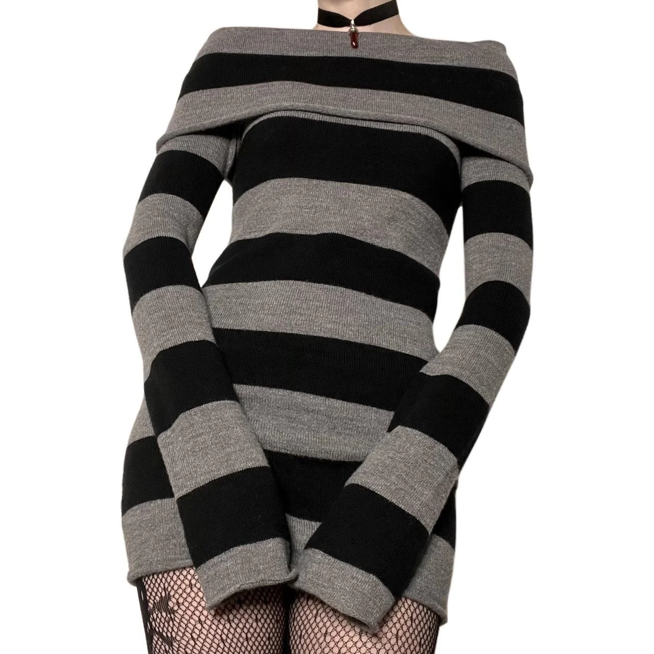 

Dourbesty Goth Mall Stripes Knitted Dress Women Long Sleeve Off-shoulder Bodycon Dress Vintage Aesthetic Y2k Grunge Clothes