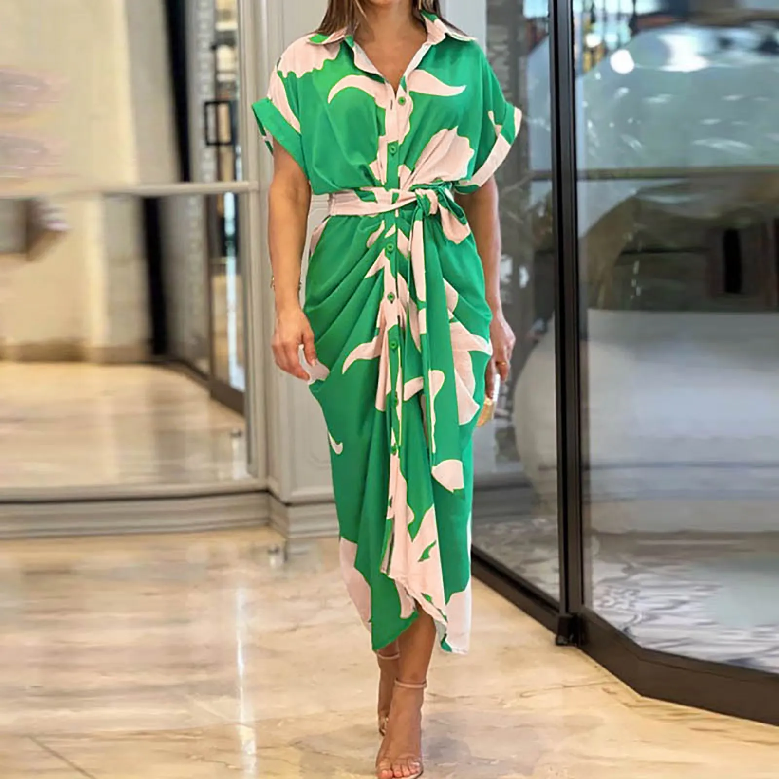 

Женское винтажное платье-рубашка на пуговицах, Элегантное Длинное Бандажное платье с коротким рукавом и поясом, лето 2023