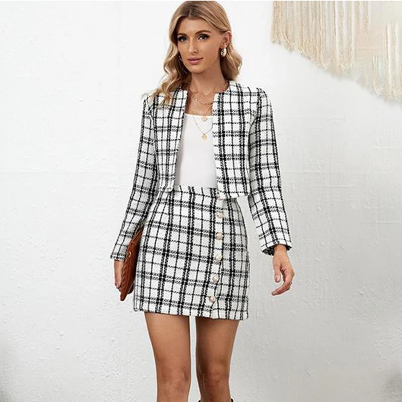 Fashion Women Work Skirt Suits New Autumn Winter Casual Long Sleeve Jackets High Waist Mini Button Bud Skirt Elegant Crop Coats