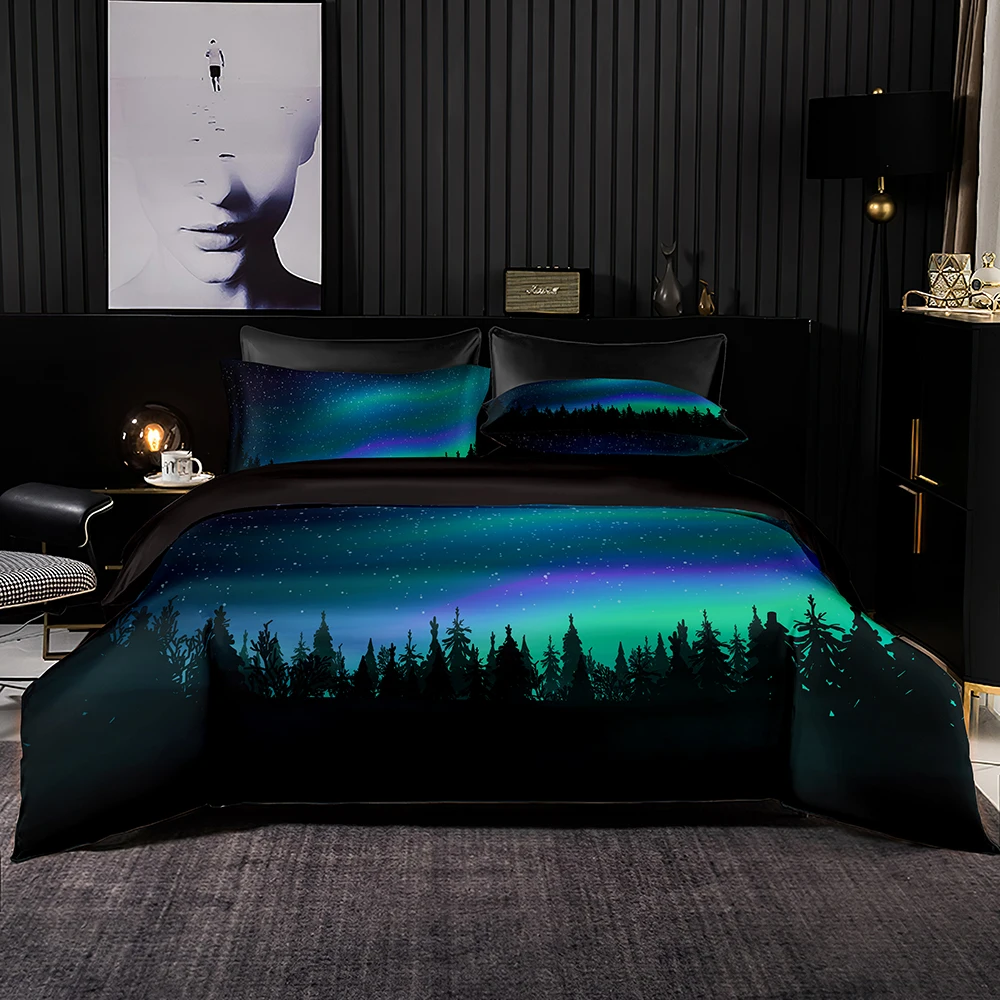 

Aurora Forest Print Bedding Set 2/3 Set,Beautiful Nordic Duvet Cover 220x240 with Pillowcase,Easy Care Set for King Queen Size