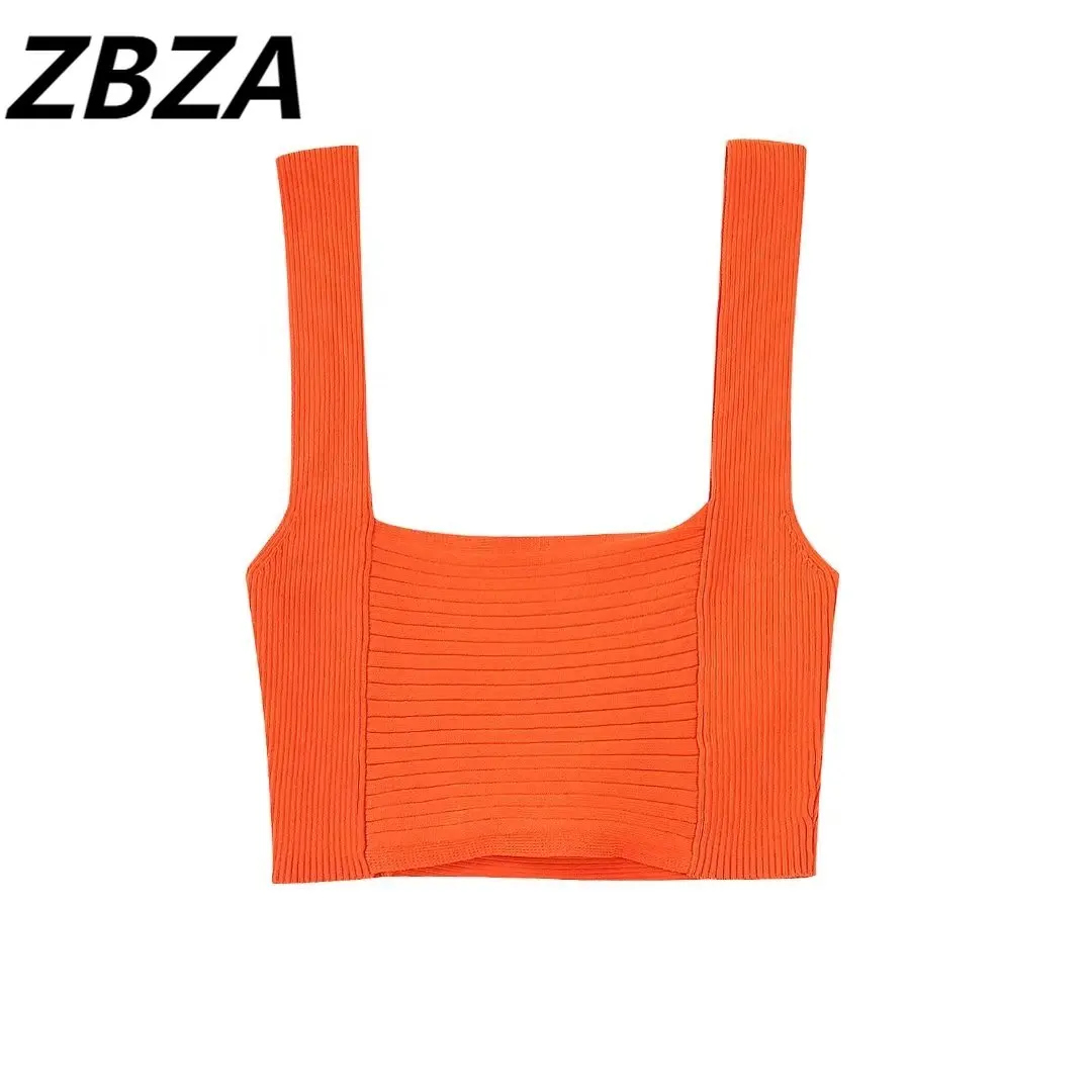 

ZBZA Women 2023 New Fashion Summer Sexy Orange Square Collar Rib Knit Short Tops Vintage Backless Female Chic Tops