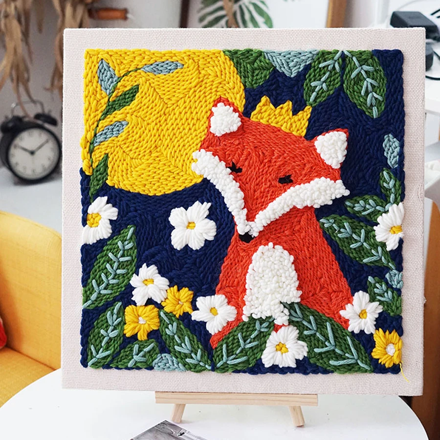 

40*40cm Punch Needle Embroidery Kits for Beginner Fox Flower Embroidery DIY Craft Kits for Adults Embroidery Punch Needle Kit