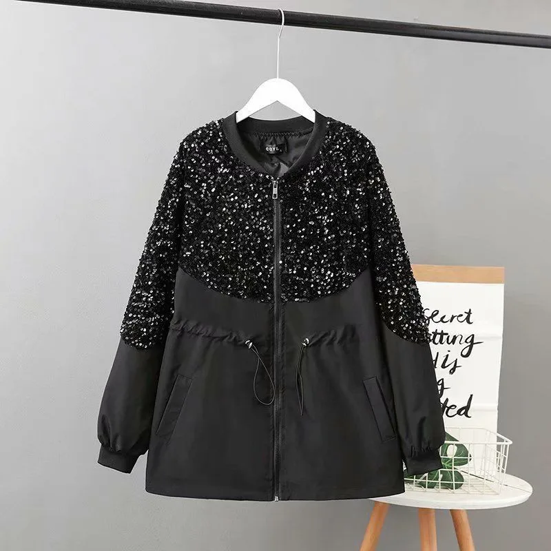 

2023 New Autumn Women Jacket Long Sleeve Tops Female Windbreaker Heavy Industry Sequins Jackets Loose Black Outerwear Female