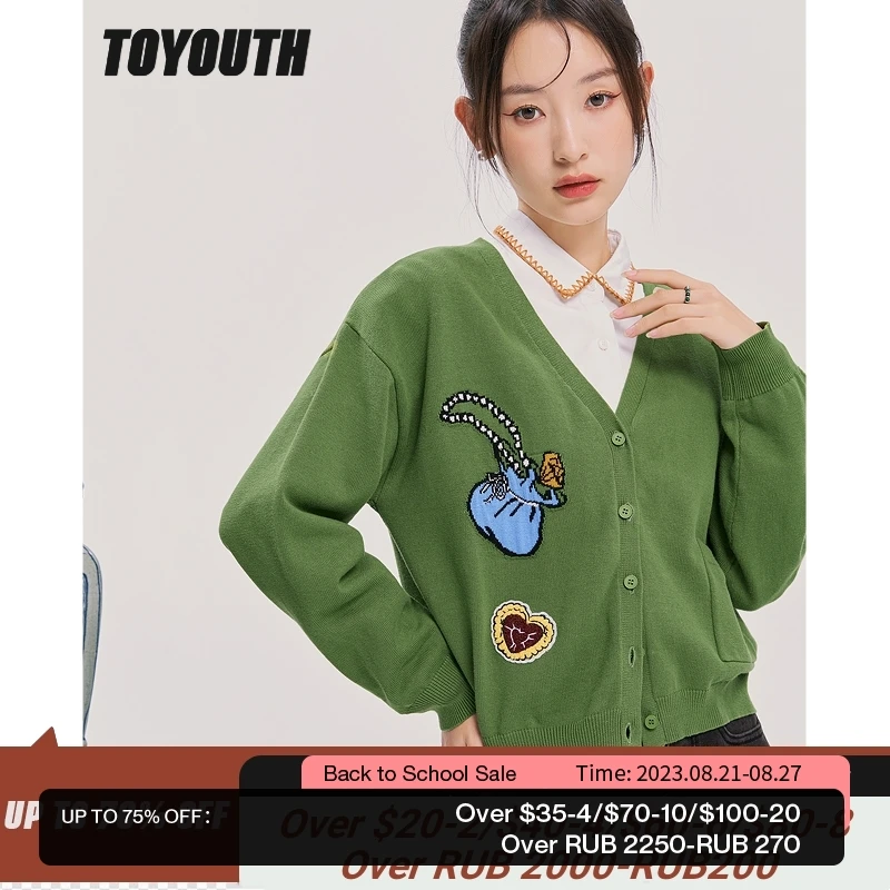 

Toyouth Women Knit Cardigan 2022 Autumn Long Sleeves V Neck Short Sweaters Jacquard Embroidery Green Casual Chic Tops