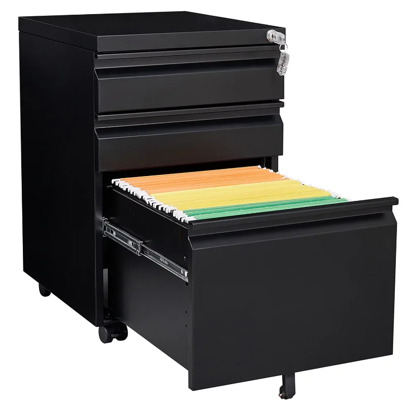

Gewnee Mobile Office File Cabinet with Lock, Under Desk Metal Movable Filing Cabinet With 3 Drawers For Home and Office,Black