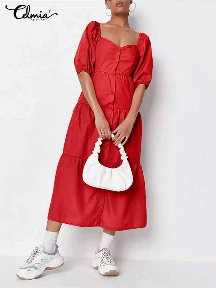

Celmia Puff Sleeve Women Midi Dress Fashion Streetwear 2023 Summer Button Up Dresses Tiered Pleats Retro Elegant A-line Robes