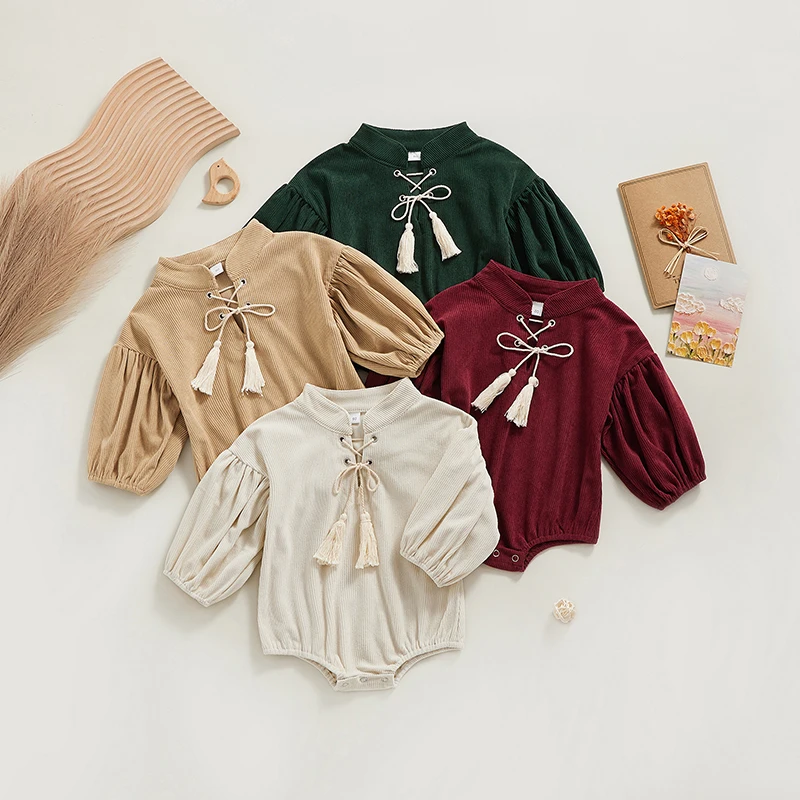 

Newborn Baby Long Sleeve Rompers Girls Corduroy Tassel Bandage Puff Jumpsuits Infant Clothing 0-18M