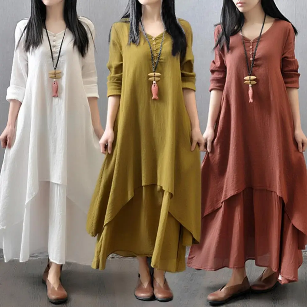 

Spring Fashion Women Casual Loose Dress Solid Color Long Sleeve Oversized Ladies Dresses Plus Size Boho Long Maxi Dress