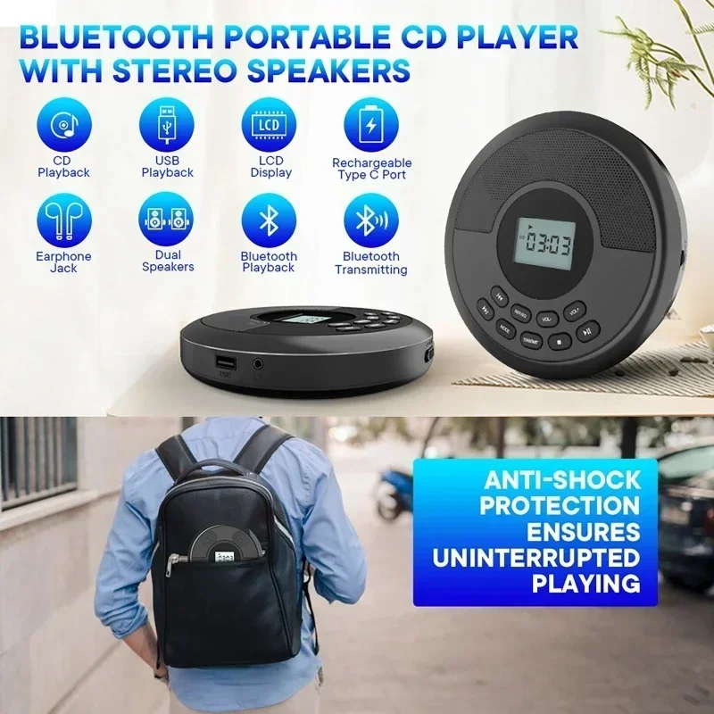 Bluetooth CD-плеер Портативный перезаряжаемый Discman с динамиками и наушниками Walkman