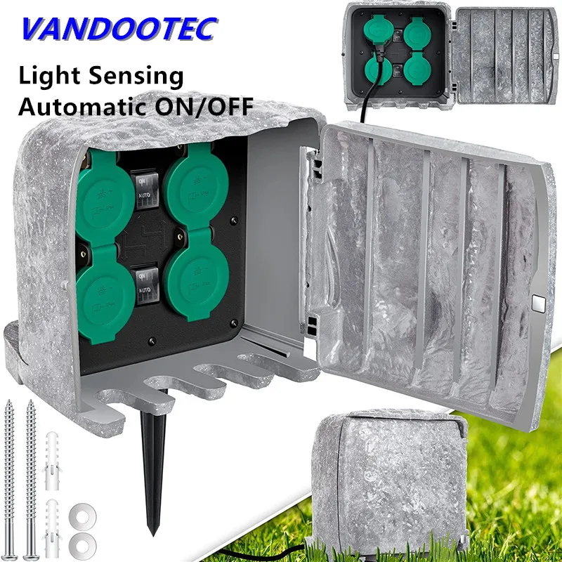 Tomada Exterior 4-way ue à Prova Impermeável Água Soquetes Auto Ligar Desligar Corpo Plástico com Forma de Pedra de Pico Multi-soquete para Jardim Decoração Gramado