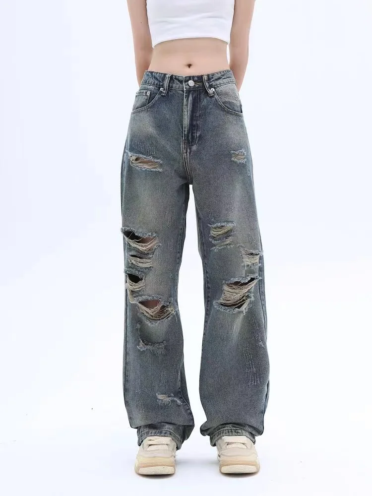 ADAgirl 90s Streetwear Vintage Hollow Out Women Jeans Y2k Baggy Fashion Causal Female Denim Pants HIp Hop High Waist Trousers