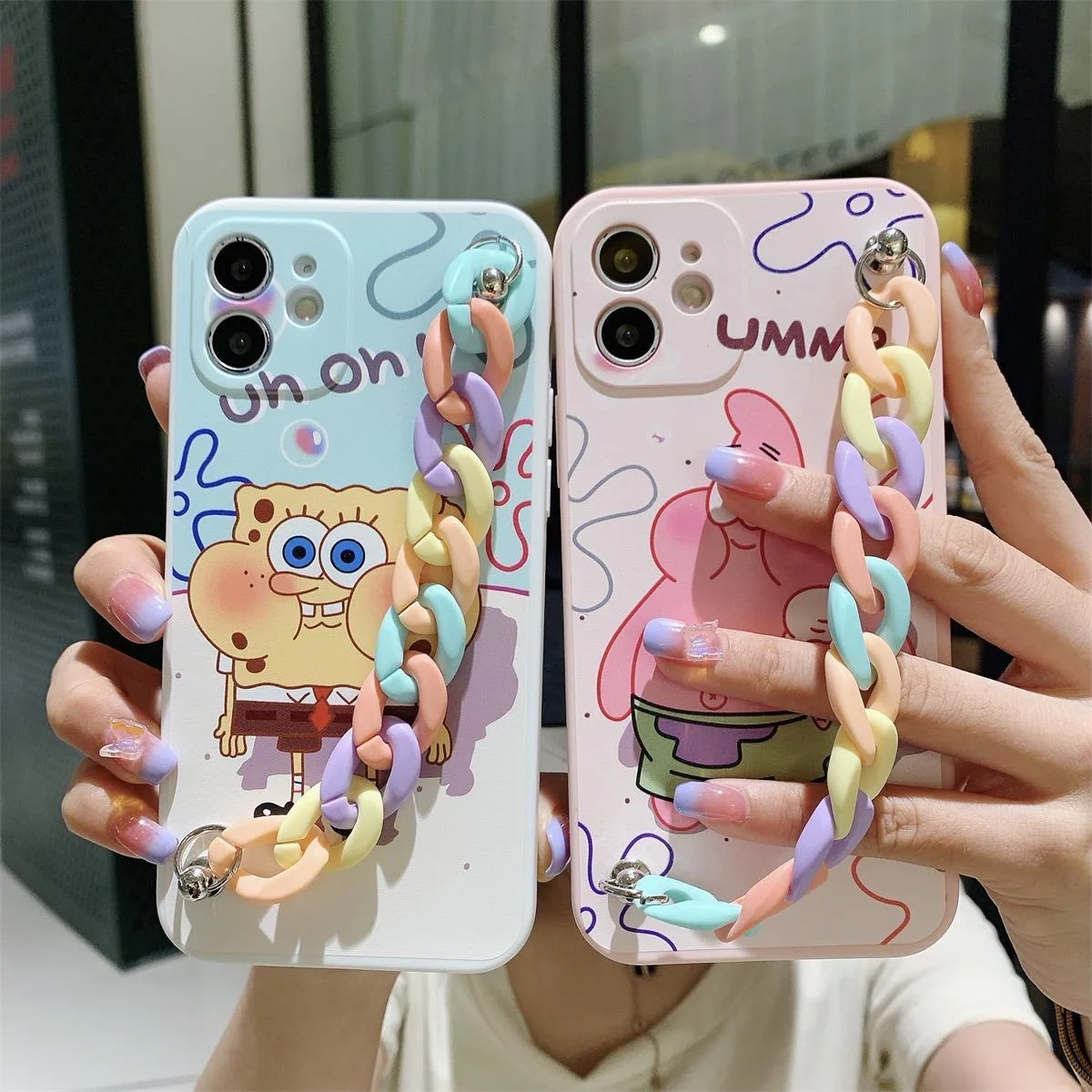 

SpongeBob SquarePants Luxury Chain Phone Cases For iPhone 13 12 11 Pro Max Mini XR XS MAX 8 X 7 Couple Anti-drop Soft Cover Gift