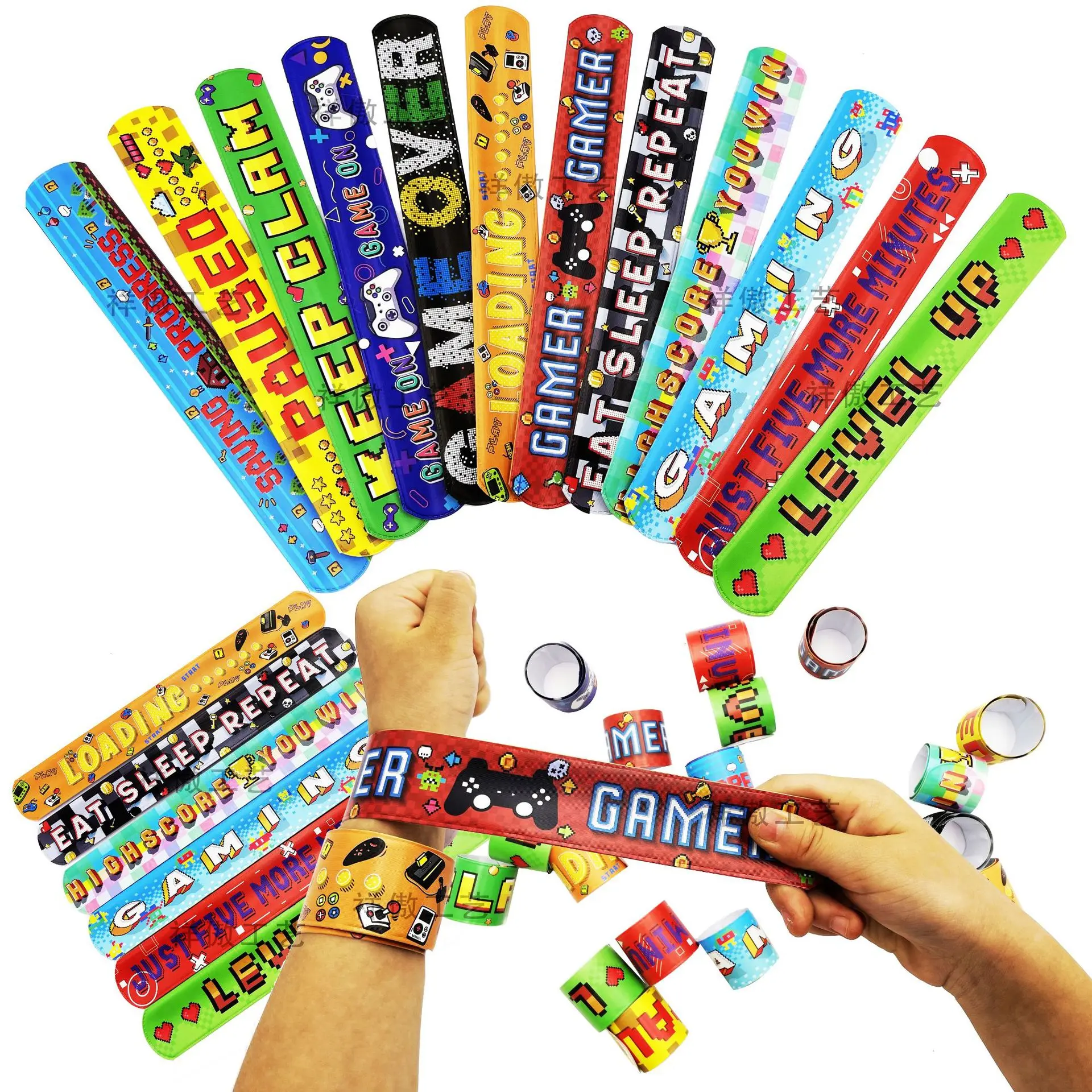 

12pcs Gaming Slap Bracelets Gifts Game On Theme Party Decoration Level Up Bracelets Kids Boys Happy Game Birthday Party Favors