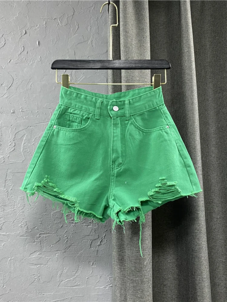 2023 New Summer Women's Denim Shorts High Waist Casual Solid Zipper Fashion Shorts Loose Sexy Green A-shaped Hot Pants