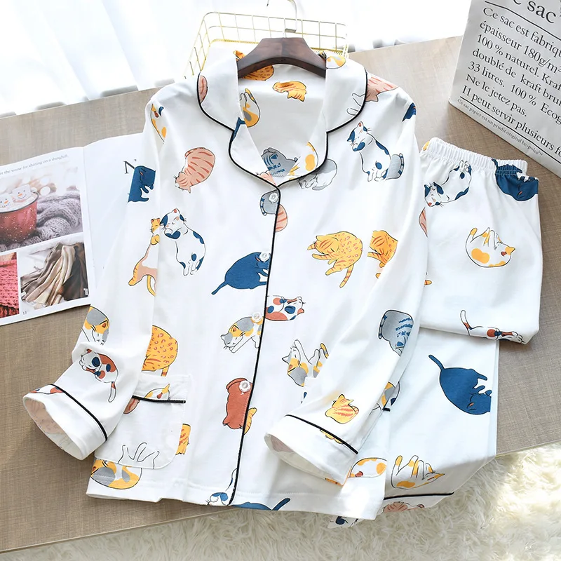 

203 Spring Autumn Cat Print Cotton Girls Pajamas Set Winter Leisure Sleepwear For Women Loose Nightwear Long Pant Homewear Suit