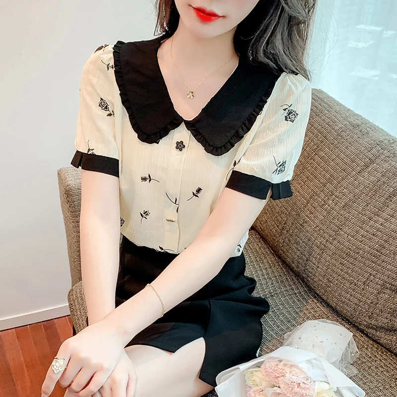 

COIGARSAM Shirt Womens Tops Summer 2022 New Floral Print Peter Pan Collar Women Shirts Dropshipping