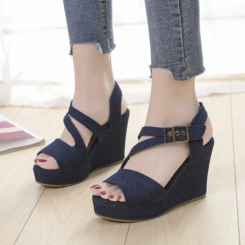 

Wedge heel sandals women's fashion new fish mouth buckle open toe high heel sandals casual shoes