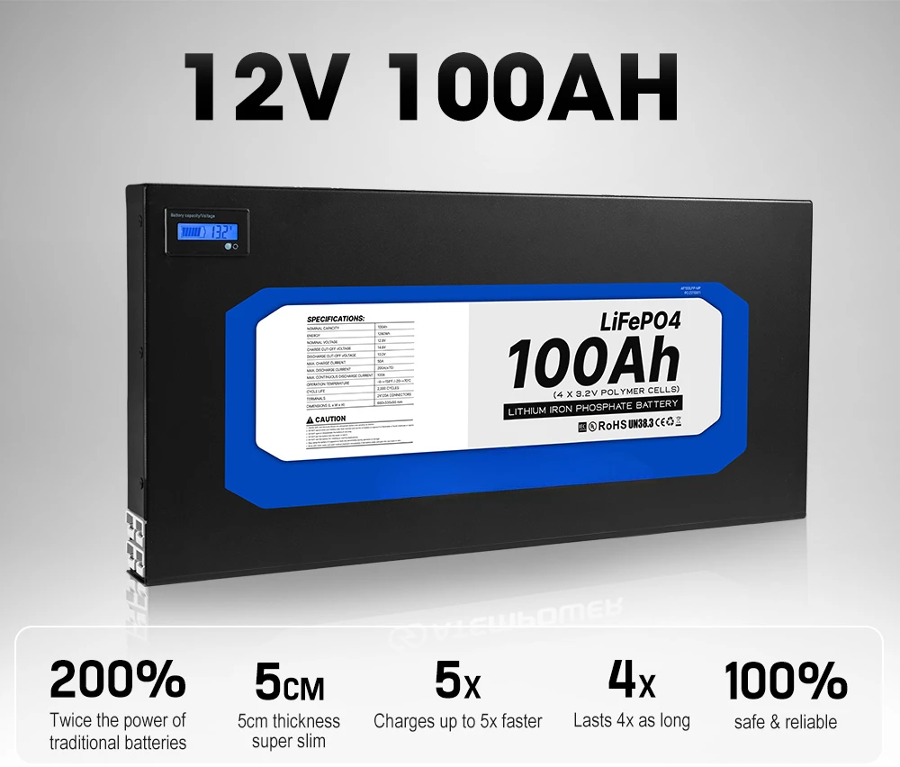 Ультратонкая литиевая батарея глубокого цикла 5 см 12 В 100 Ач Slimline Lifepo4 литий-ионная