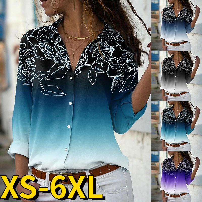 

Женская блузка на пуговицах, элегантная Свободная рубашка с V-образным вырезом, принтом и длинным рукавом, в стиле ретро, Осень-зима 2022