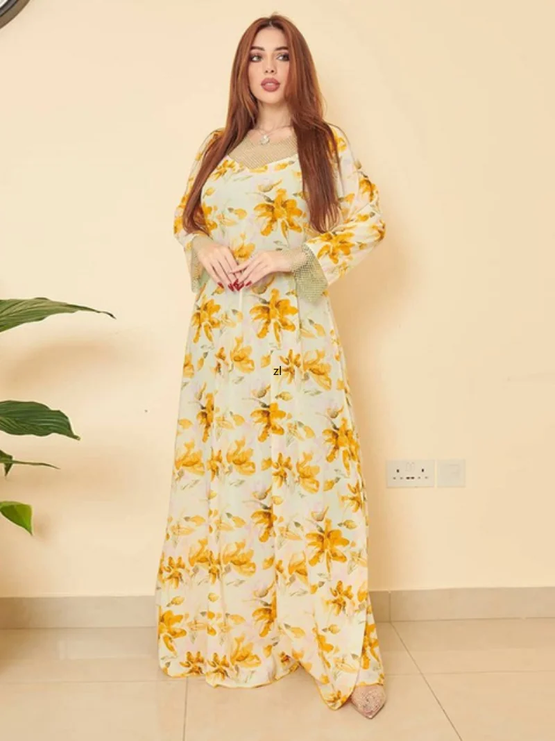 Long Dresses for Women Elegant Ethnic Rhinestone Stretch Mesh Patchwork O Neck Full Sleeve Print Dubai Arab Muslim Robe
