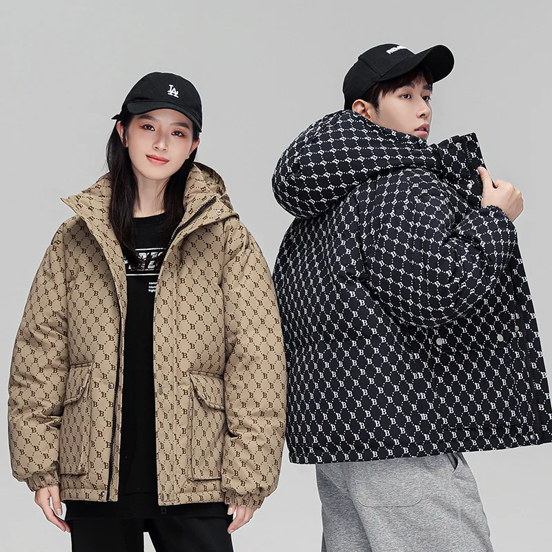 White eiderdown down jacket for lovers men's and women's short winter new Korean style youth fashion thickened hooded coat