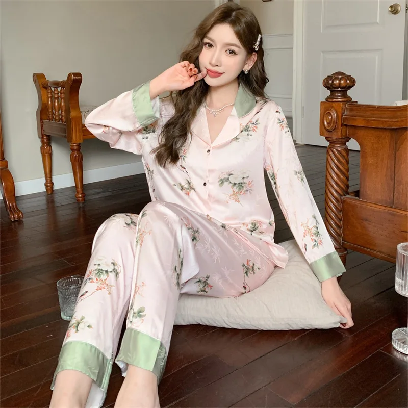 2023 Spring and Autumn New Pajamas Women's Artificial Silk Jacquard Long-Sleeved Trousers Cardigan Homewear Suit