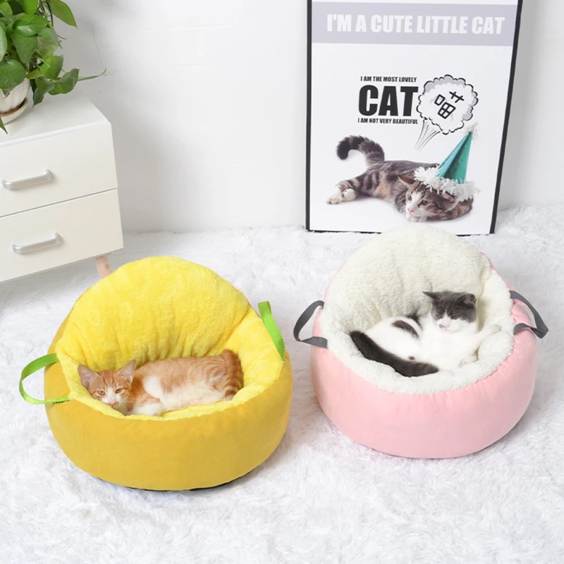 

Pet Bed Cushion Winter Warm Cat Bed Kittens Sleeping Bag Puppy Kennel Mat Plush Soft Portable Foldable Round Cute Cat Supplies