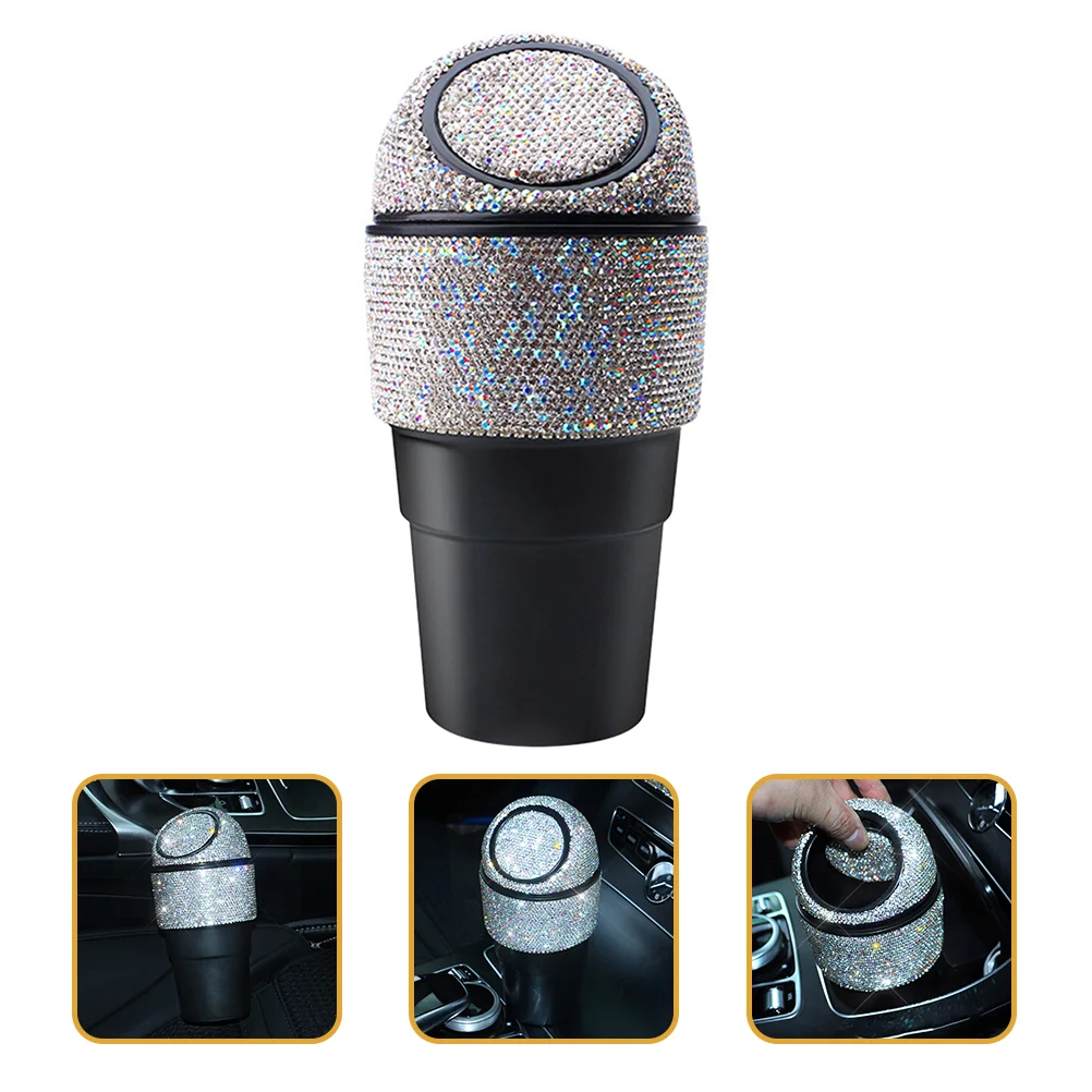 

Car Trash Can Garbage Bin Auto Bling Vehicle Holder Waterproof Waste Leakproof Lid Rhinestone Mounting