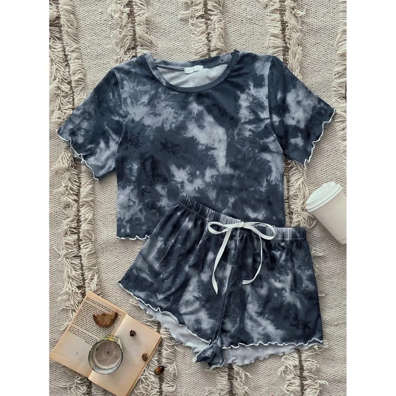 QWEEK Home Suit for Women Set Woman 2 Pieces Spring Summer Pajamas Printed Tie Dyed Home Clothes Pijamas Pyjama Stringy Selvedge